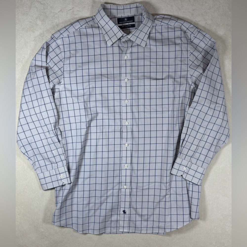 Hart Schaffner Marx 17.5 33 Pima Cotton Non-Iron White and Blue Plaid Shirt